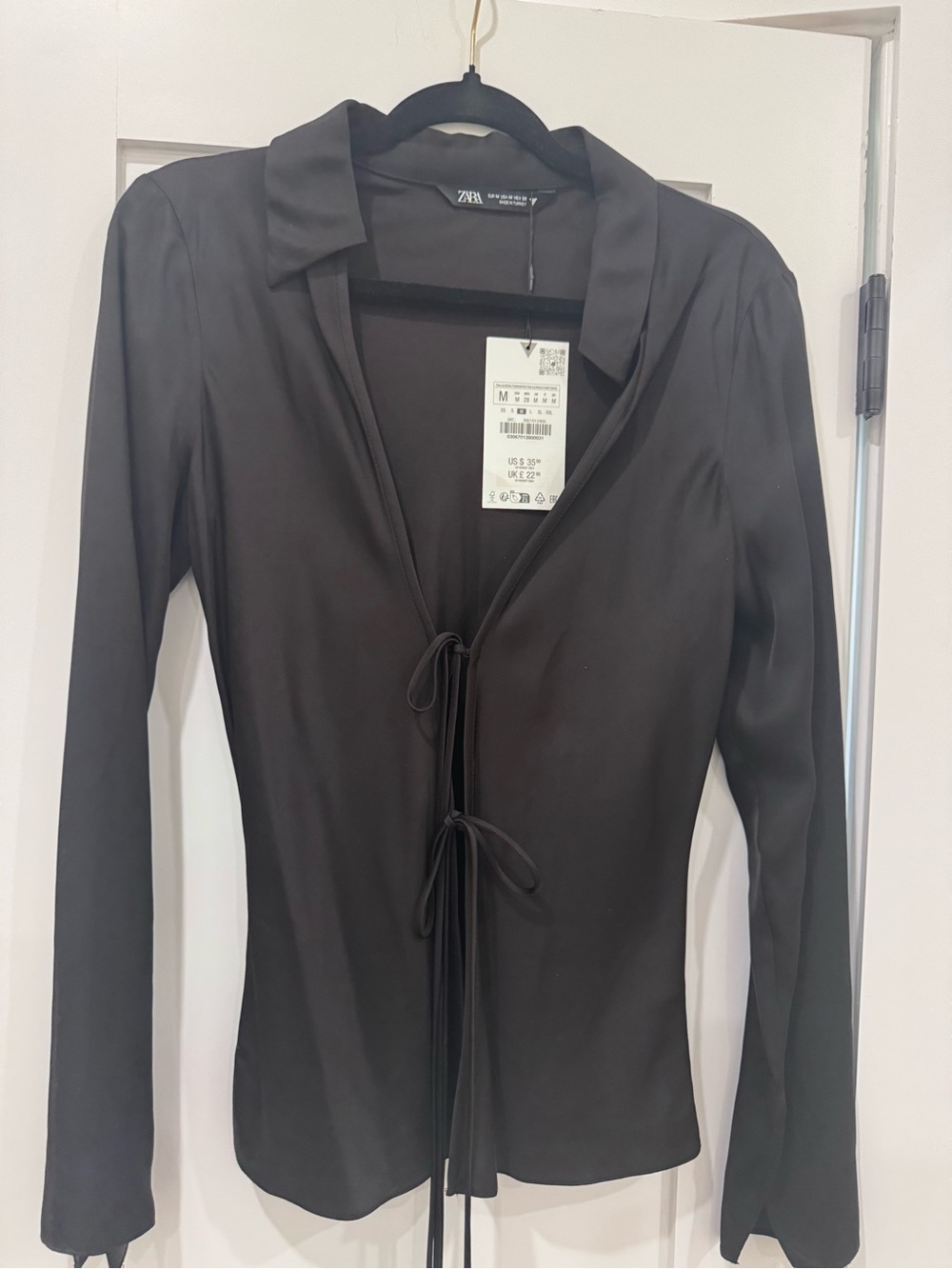 ZARA Black Satin Tie-Front Blouse